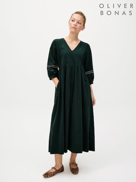Oliver Bonas Green Corduroy Embroidered Sleeve V-Neck Midi Dress (Y97246) | £85