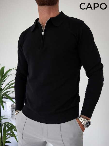 CAPO Black Egyptian Cotton LS Zip Polo Shirt (Y97475) | £45