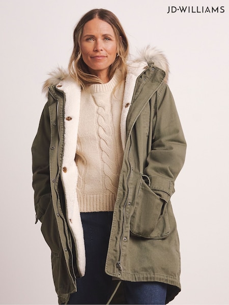 JD Williams Green Premium Cotton Parka Coat With Faux Fur Hood (Y97506) | £115