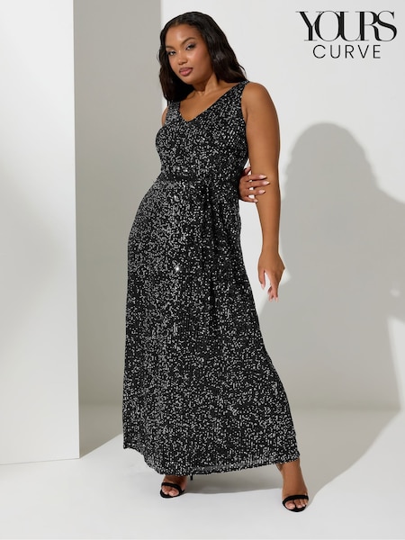 Yours Curve Black London Sequin V-Neck Maxi Dress (Y97512) | £70