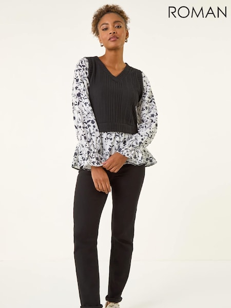 Roman Black 2in1 Snit And Woven Tunic Top (Y97542) | £40