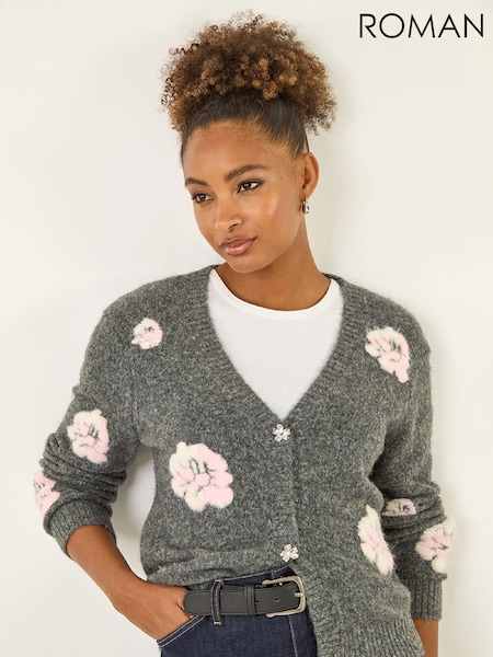 Roman Grey Embossed Floral Knit Cardigan (Y97552) | £45
