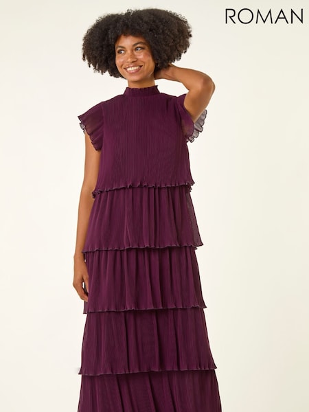 Roman Purple High Neck Tiered Pleat Midi Dress (Y97565) | £68