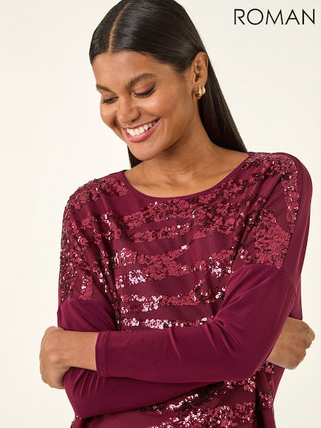 Roman Red Animal Print Sequin Mesh Blouse (Y97573) | £45