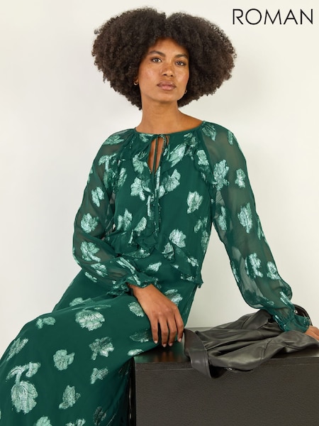 Roman Green Floral Brocade Frill Midi Dress (Y97575) | £68