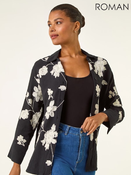 Roman Black Floral Embroidered Collared Shirt (Y97582) | £42