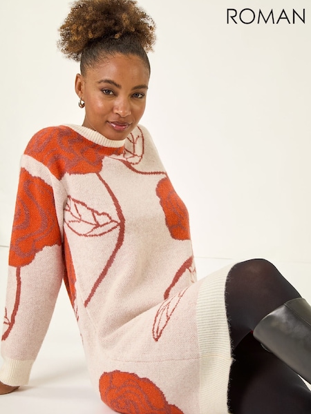 Roman Orange Rose Print Knitted Shift Dress (Y97607) | £50