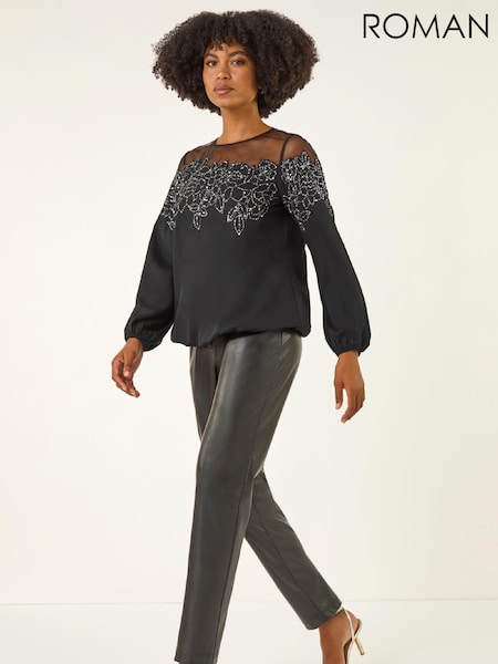 Roman Black Sequin Floral Sheer Tunic Top (Y97632) | £42