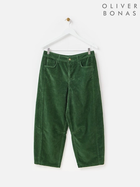 Oliver Bonas Green Corduroy Cropped Barrel Leg Trousers (Y97756) | £70