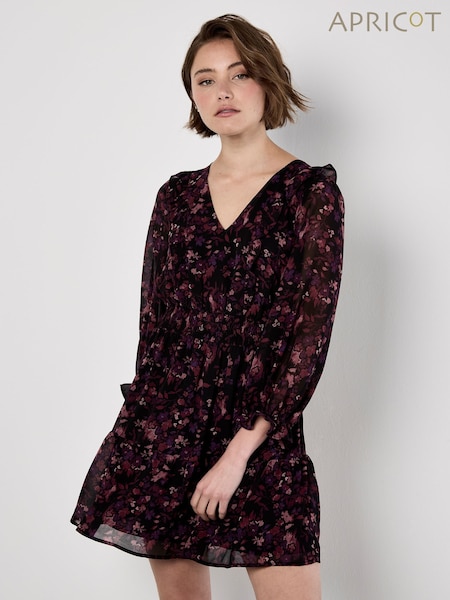 Apricot Red Ditsy Floral Ikat Ruffle Dress (Y98038) | £42