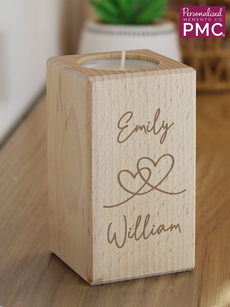 Personalised Engraved Hearts Wooden Tealight Holder by PMC (Y98113) | £14