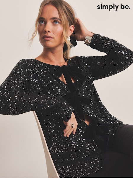 Simply Be Black Sequin Cardigan With Velvet Bows (Y98257) | £38