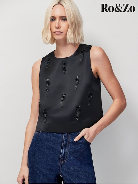 Ro&Zo Black Embroidered Beaded Shell Top (Y98283) | £89