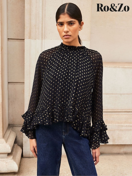 Ro&Zo Gold Foil Frill Sleeve Blouse (Y98284) | £89