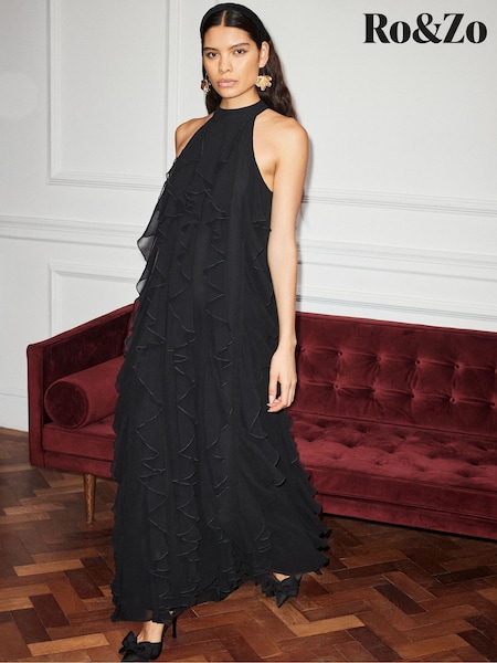 Ro&Zo Black Lulu Chiffon Frill Maxi Dress (Y98296) | £199