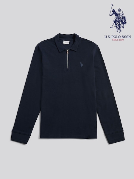 U.S. Polo Assn Blue Flat Pile Long Sleeve Polo Shirt (Y98447) | £65
