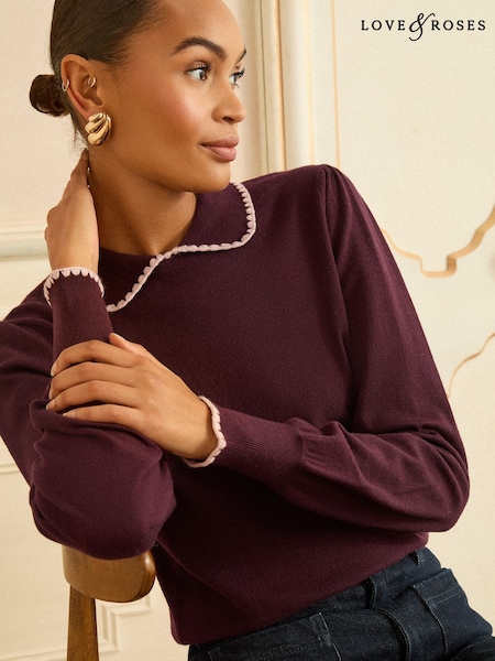 Love & Roses Burgundy Crochet Tipped Knitted Collar Jumper (Y98613) | £38