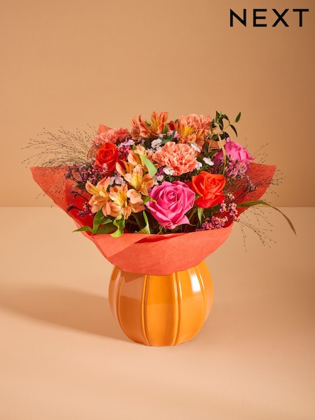 Pink/Orange Rose and Carnations Fresh Flower Bouquet in Ceramic Vase (Y98644) | £35