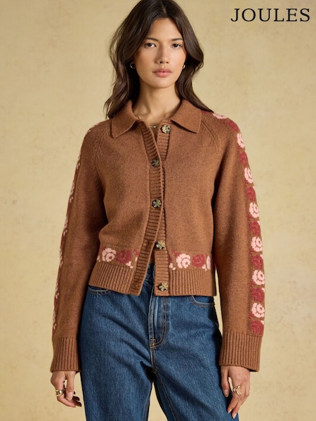 Tan Brown - Embroidered Cowboy Cotton Blend Knitted Cardigan