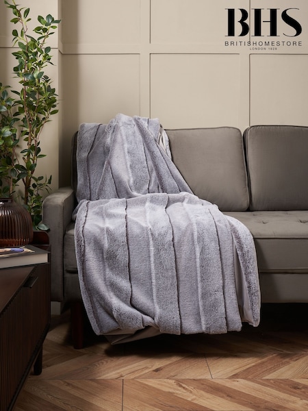 BHS Grey Faux Fur Stripe Cut Throw (Y98722) | £35