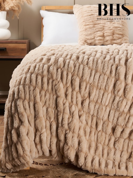 BHS Tan Ruched Faux Fur Throw (Y98726) | £50
