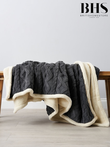 BHS Grey Cable Knit/Sherpa Throw (Y98730) | £30