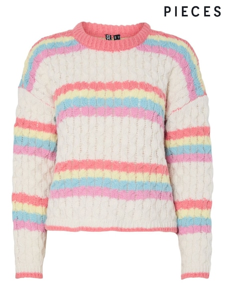 PIECES White Rainbow Stripe Long Sleeve Cable Knit Jumper (Y98788) | £44