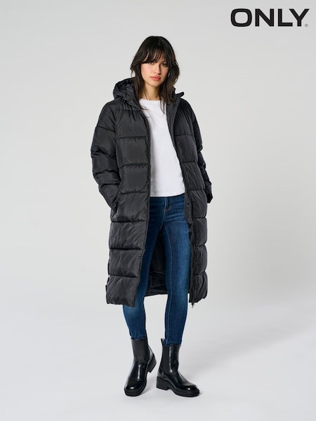 ONLY Black Zip Up Hooded Long Puffer Coat (Y98796) | £60