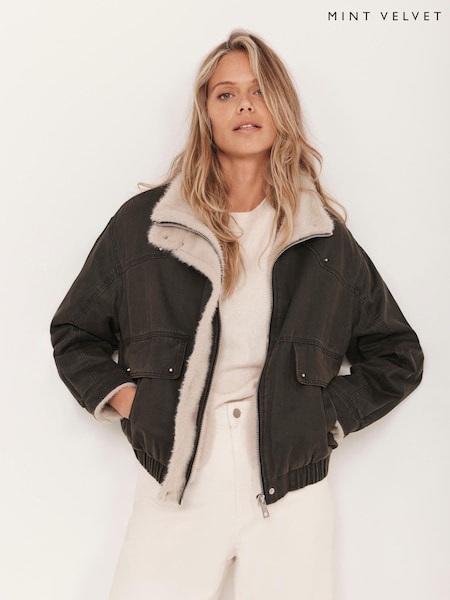 Mint Velvet Green Wax Bomber Jacket (Y99183) | £170