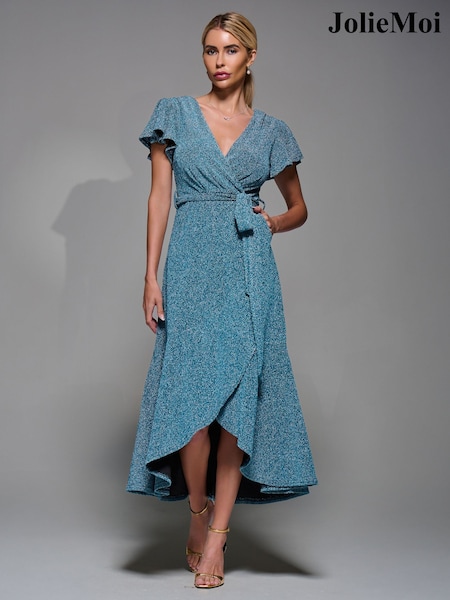 Jolie Moi Blue Metallic Angel Sleeve Wrap Maxi Dress (Y99253) | £60