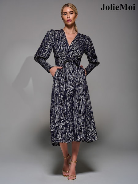 Jolie Moi Gold Long Puff Sleeve Metallic Midi Dress (Y99255) | £60