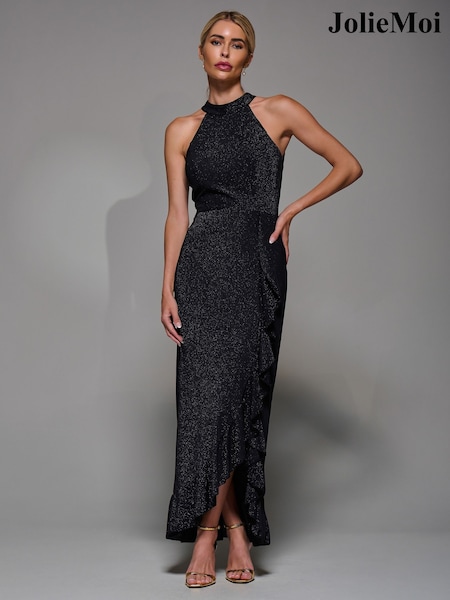 Jolie Moi Black Halter Neck Glitter Jersey Maxi Dress (Y99256) | £65