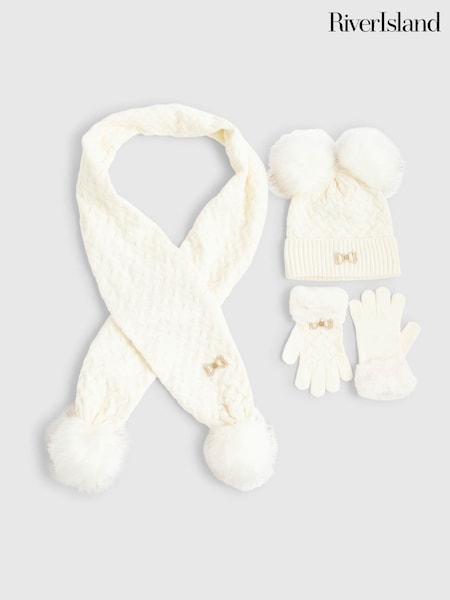 River Island Cream Core Beanie Hat ,Gloves & Scarf Set (Y99467) | £30