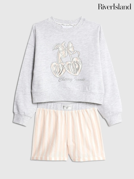 River Island Grey Cherry Sweat & Stripe Short Pyjamas Set (Y99470) | £18