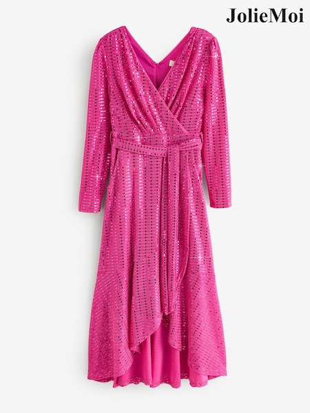 Jolie Moi Pink Metallic Spot Long Sleeve Maxi Dress (Y99752) | £60