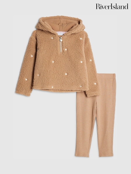 River Island Brown Heart Borg Cosy Half Zip & Leggings Set (Y99859) | £24