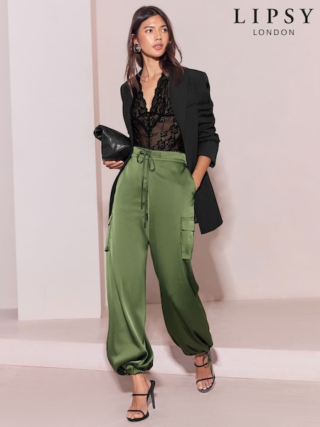 Khaki Green - Lipsy Satin Tie Waist Drawstring Adjustable Hem Cargo Trousers