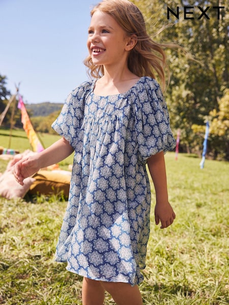 Blau - Printed Puff Sleeve Dress (3-16yrs) (100596) | 8 € - 10 €
