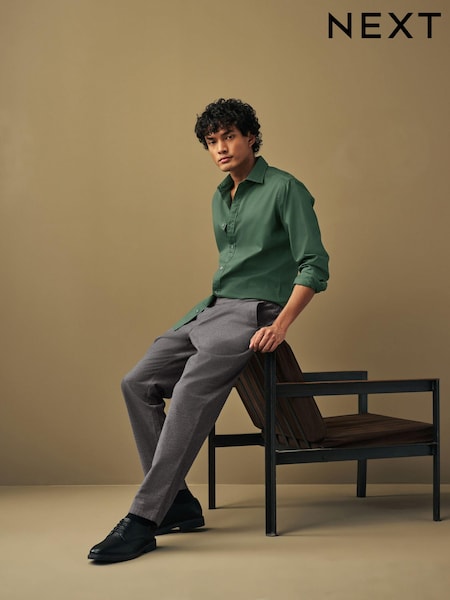 Темно-зеленый - Зауженный крой - Washed Textured 100% Cotton Shirt With Cutaway Collar (100656) | €6
