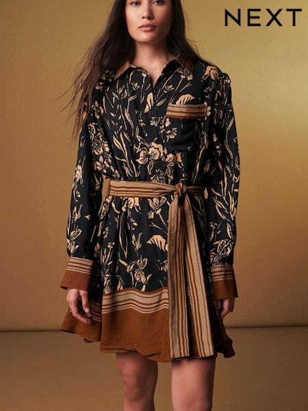 črna/rjava Postavitev potisk; vzorec - Premium Long Sleeve Shirt Dress (101165) | € 111