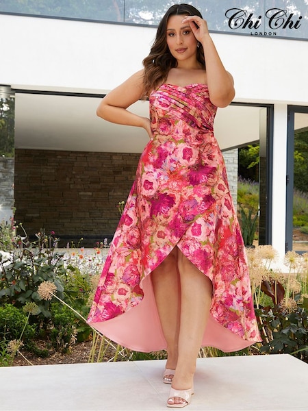 Chi Chi London Bandeau Sweetheart Floral Wrap Detail Dip Hem Dress (101726) | €63