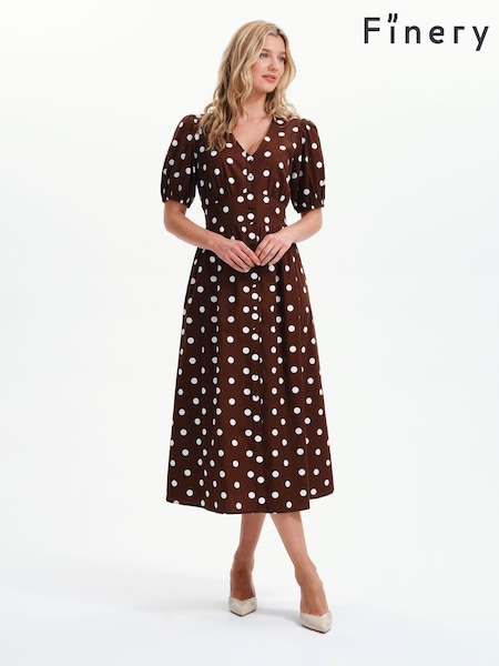 Brown - Finery Polka Dot Addison Cotton Midi Dress