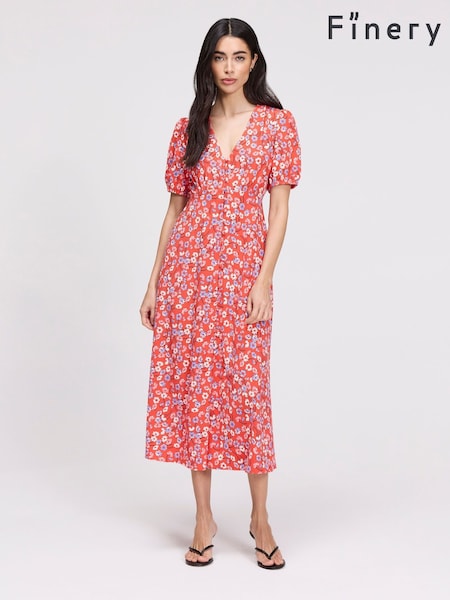 Red - Finery Robyn Floral Button Through Midi Dress
