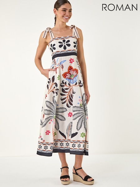 Blanco - Vestido a media pierna de tirantes con estampado floral de palmeras de Roman