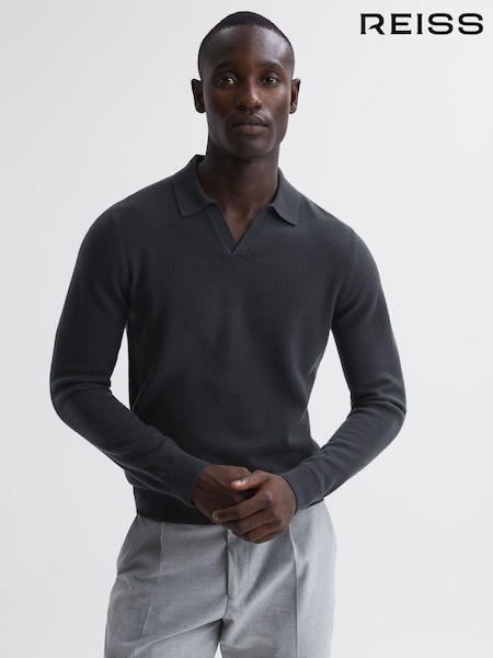 Reiss Anthracite Grey Swifts Merino Wool Open Collar Top (102571) | €43