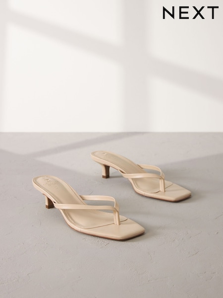 Camel Natural Premium Leather Toe Post Heeled Mules (102959) | 103 QAR