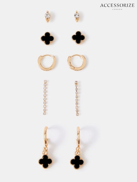 Black - Accessorize Clover Stud & Hoop Earrings 5 Pack