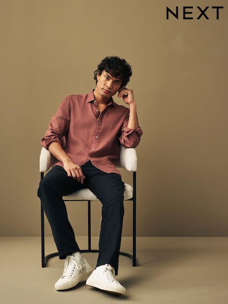 Rust Red Slim Fit 100% Linen Long Sleeve Shirt (103669) | €4