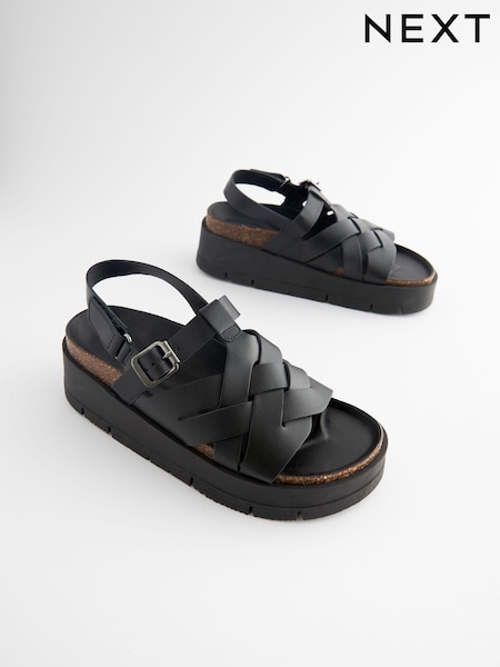 Black Leather Weave Flatform Wedge Sandals (103684) | €23.50