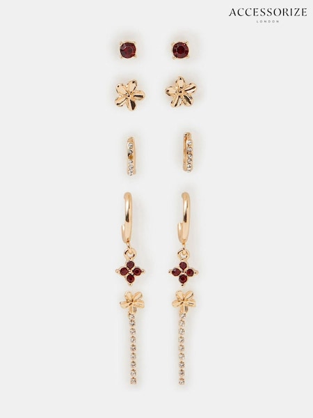 Red - Accessorize Flower Stud & Hoop Earrings 5 Pack